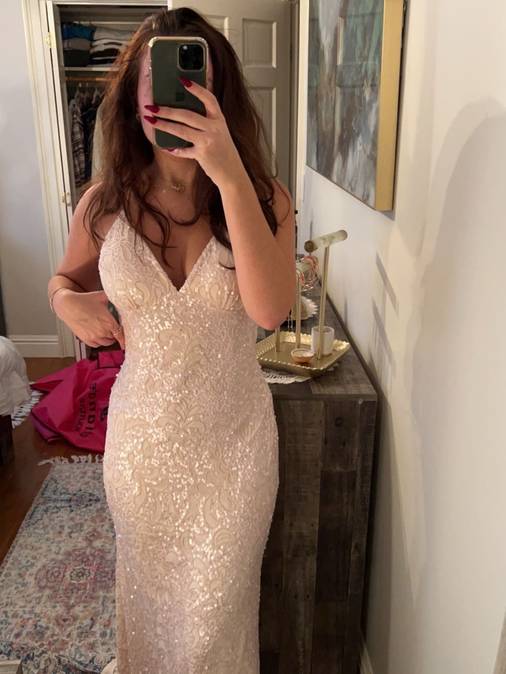 Elegant V-Neck Sequin Evening Gown in Blush